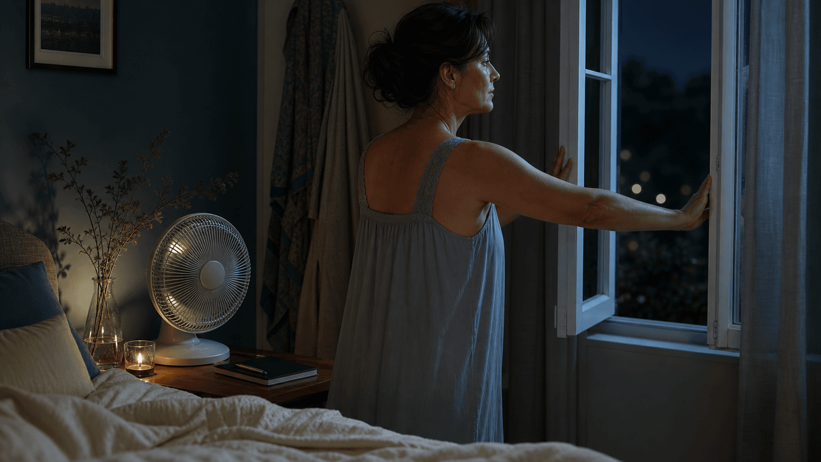 Женщина 40+ готовится ко сну в прохладной спальне